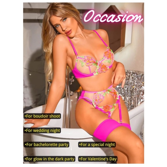 KAEI & SHI Floral Embroidered Underwire G-String Garter Belt 4 Pieces Lingerie - Picture 2 of 9